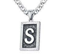XIRUVE Longitud Ajustable Vintage Collar Colgante Rectangular de Letra Inicial A-Z Acero Inoxidable Cadena Cubana Ancho 6mm para Hombre Mujer