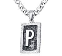 XIRUVE Longitud Ajustable Vintage Collar Colgante Rectangular de Letra Inicial A-Z Acero Inoxidable Cadena Cubana Ancho 6mm para Hombre Mujer