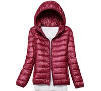 xitoio Chaqueta de plumón ligera y plegable para mujer, abrigo acolchado impermeable con capucha de gran tamaño, parka comprimible rellena de plumas, rojo vino, S