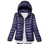 xitoio Chaqueta de plumón ligera y plegable para mujer, abrigo acolchado impermeable con capucha de gran tamaño, parka comprimible rellena de plumas, azul marino, M