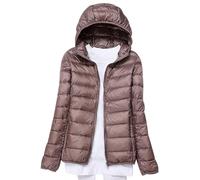 xitoio Chaqueta de plumón ligera y plegable para mujer, abrigo acolchado impermeable con capucha de gran tamaño, parka comprimible rellena de plumas, caqui, L