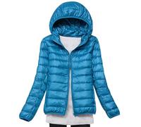 xitoio Chaqueta de plumón ligera y plegable para mujer, abrigo acolchado impermeable con capucha de gran tamaño, parka comprimible rellena de plumas, Lago Azul, L