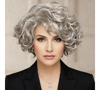 XIUFAXIRUSI XIUFAXIRUSI Peluca sintética para mujer, color gris, rizada, corta, ondulada, plateada, con flequillo lateral, para uso diario en fiestas de disfraces