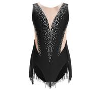 XIUsheUA Maillot Gimnasia Ritmica Niña Traje de Baile Latino con borlas for niñas, Traje de Gimnasia, Patinaje artístico, Leotardo con Flecos, Mono de Malla Transparente(Black,10Y)
