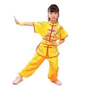 XIUsheUA Ropa de Tai Chi Wushu, Traje de Artes Marciales, Uniforme de Kung Fu, Conjunto de Kungfu Vintage con Estampado de dragón Wing Chun para Tai Chi, Artes Marciales(Yellow Short Sleeved,110)