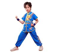 XIUsheUA Ropa de Tai Chi Wushu, Traje de Artes Marciales, Uniforme de Kung Fu, Conjunto de Kungfu Vintage con Estampado de dragón Wing Chun para Tai Chi, Artes Marciales(Blue Short Sleeved,110)