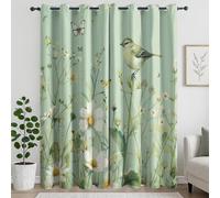 XIUWOUG Cortina Opaca Verde para Dormitorio 140x240 cm, con Flores y Pajaritos, Cortinas para Salón, Poliéster Estampado,J,225x260H cm (2 Panels)