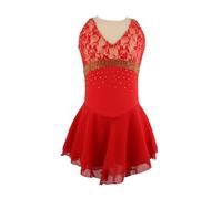 XIUWOUG Niñas Vestido Patinaje Artístico Amarillo para Competición Maillot Falda Ballet de Gasa sin Mangas con Pedrería Vestido de Baile Latino,Rojo,L
