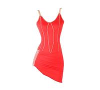 XIUWOUG Vestido de Baile Latino con Tiras y Escote en V con Flecos Vestido de Bailarina para Mujeres Vestido de Cha Cha Cha Latina Leotardo Vestuario Profesional de Competición,Rojo,L