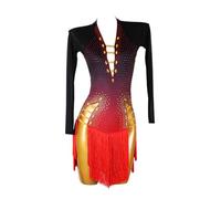 XIUWOUG Vestido de Baile Latino de Manga Larga Negro Rojo con Flecos y Pedrería Swing Dance Falda de Competición para Baile de Salón Salsa Tango Samba Cha Cha Rumba,Black Red,L