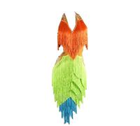 XIUWOUG Vestido de Baile Latino para Mujer Traje Profesional Tirantes Flecos Baile de Salón Samba Salsa Rumba Vestido de Baile,Orange Green,M