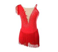 XIUWOUG Vestido Patinaje Artístico Mujer, Vestido de Baile Latino Salón con Flecos para Niña, Maillot Pedrería de Patinaje Artístico Competición Salsa Disfraz,Rojo,S