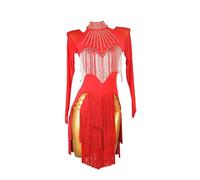 XIUWOUG Vestido Profesional de Baile Latino para Mujer con Flecos Mangas Largas Pedrería Brillante Cha cha Salsa Espectáculo Baile de Salón Competición Traje de Baile,Rojo,L