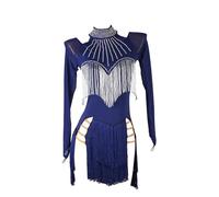 XIUWOUG Vestido Profesional de Baile Latino para Mujer con Flecos Mangas Largas Pedrería Brillante Cha cha Salsa Espectáculo Baile de Salón Competición Traje de Baile,Azul,M