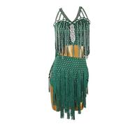 XIUWOUG Vestido Profesional de Baile Latino para Mujer, Vestido de Competición con Flecos de Strass, Vestido de Samba, Falda de Rumba y Cha-Cha-Cha,Dark Green,XL