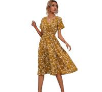 XIVISTO Vestido de Verano para Mujer Midi Floral Casuales Cuello en V Elegante Manga Corta Cintura Elástica Vestido Playa