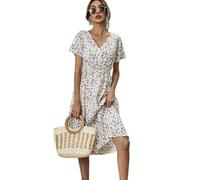 XIVISTO Vestido de Verano para Mujer Midi Floral Casuales Cuello en V Elegante Manga Corta Cintura Elástica Vestido Playa
