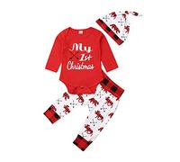 XIXIMAON Bebé Conjunto de Navidad para Recién Nacido Niño 3 Piezas Traje de Ropa Navideña Top Mameluco con Letras Mi Primer Navidad de Manga Larga + Pantalones Largos + Gorro (Rojo, 3-6 Meses)