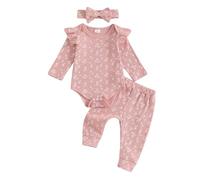 XIXIMAON Conjunto de 3 piezas para bebé niña con estampado floral, pelele de mangas largas + leggings + cinta para el pelo, ropa para recién nacido, otoño e invierno, rosa, 0-3 Meses