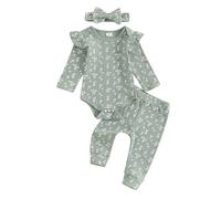 XIXIMAON Conjunto de 3 piezas para bebé niña con estampado floral, pelele de mangas largas + leggings + cinta para el cabello, ropa para recién nacida, otoño e invierno, verde, 6-9 Meses
