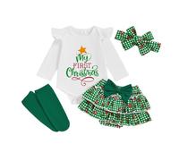 XIXIMAON - Conjunto de Navidad para bebé niña, disfraz de Navidad. Incluye body, tutú con falda a cuadros, calcetas y diadema. Mi primer Navidad, 3-6 Meses