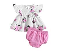 XIXIMAON - Conjunto de ropa para bebé niña (camiseta de mangas cortas con volantes y pantalones cortos), 2 piezas, ropa de verano para recién nacida, niña de 6 meses a 4 años, 0-3 Meses