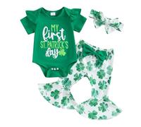 XIXIMAON My First St Patricks Day - Conjunto de 3 piezas de mameluco de manga corta con volantes para recién nacido, cintura elástica, estampado de trébol, pantalones acampanados, verde, 3-6 meses