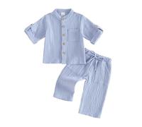 XIXIMAON Ropa de primavera y verano para bebé, color sólido, ajustable, manga larga o media, con botones, de algodón y lino, conjunto de dos piezas, azul, 12-18 meses