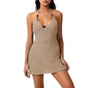 XIXIMAON - Vestido para mujer con cuello de cami, delgado y hollowed Cut Out Sleeveless Backless Knitted Mini Bodycon Dress for Daily Party Club, Caqui sin espalda, M