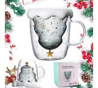 XiXiRan Taza de Navidad de Vidrio, Lindas Tazas de Café, Christmas Coffee Glass, Tazas Expreso, Taza de Leche, Vasos Cafe Cristal, Doble Pared (Gris)