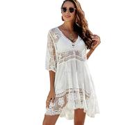 XiYee Vestido de Bikini Casual, Ropa de Playa Encaje Traje de Baño, Vestido de Playa, Blusa de Bikini Cover up, V-Cuello Camisa Suelto de Bikini Mujer, Ropa de Baño Playa Camisola (Blanco)