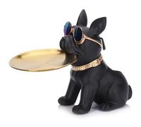 XIYOUQI Bandeja de almacenamiento de estatua de bulldog francés de resina, bandeja de llaves para mesa de entrada, bonita estatua de mayordomo de perro con bandeja, figura de bulldog francés negro,