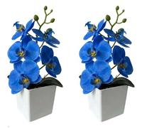 XIZHI Paquete de 2 orquídeas artificiales con maceta, 25,4 cm, bonsái, flores de seda, orquídeas y mariposas, orquídeas y mariposas, para bodas, oficina, hogar, centros de mesa interiores (azul)