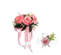 XIZHI Ramos de Boda para Novia con Rosas para muñeca, Ramo de Flores Artificiales para Dama de Honor, Cinta de Seda sintética para Boda, día de San Valentín, Fiesta, decoración de graduación (Rosa)