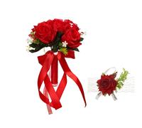 XIZHI Ramos de Boda para Novia con Rosas para muñeca, Ramo de Flores Artificiales para Dama de Honor, Cinta de Seda sintética para Boda, día de San Valentín, Fiesta, decoración de graduación (Rojo)