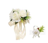 XIZHI Ramos de Boda para Novia con Rosas para muñeca, Ramo de Flores Artificiales para Dama de Honor, Cinta de Seda sintética para Boda, día de San Valentín, Fiesta, decoración de graduación (Blanco)