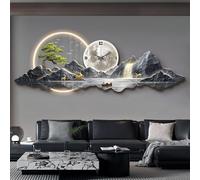 XJBWSDE Escultura de Arte Mural en 3D, Pintura de Paisaje Moderno con lámpara y Reloj, decoración Feng Shui Oriental para Sala de Estar