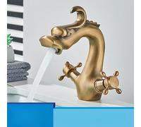 XJBWSDE Grifo de Lavabo de baño con diseño de dragón Dorado Pulido, con Dos manijas, Mezclador de Agua fría y Caliente, para Lavabo de encimera (latón Antiguo)