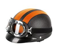 XJDP Cascos De Moto, Casco De Cuero Estilo Vintage, Cascos De Medio Moto Cara Abierta, Cascos De Ciclomotor Cuatro Estaciones con Gafas Bufanda Cuero Unisex, Aprobado Por Dot/Ece,Naranja,L