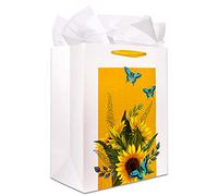 XJF Bolsa grande de regalo de girasoles de 13 pulgadas, bolsa de regalo de flores de acuarela con papel de seda, bolsa de regalo de girasoles para cumpleaños, día de la madre, aniversario, baby shower, despedida de soltera, amarillo