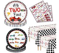 XJLANTTE 122 piezas de decoración para fiesta de segundo cumpleaños de dos coches de carreras rápidos: platos, servilletas, mantel para niños, sirve para 40 invitados (juego de dos Fas-40)