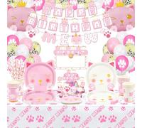XJLANTTE 160 piezas de suministros para fiestas de cumpleaños de gatos: globos de gato, pancarta de feliz cumpleaños, guirnalda de MEOW, platos, manteles, sirve para 20 invitados, gato rosa y blanco