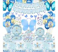 XJLANTTE 189 piezas de decoraciones para fiestas de mariposas: globos de mariposas azules, pancartas, platos, tazas y manteles para suministros de cumpleaños de niñas, sirven a 20 invitados, azul-l