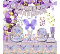 XJLANTTE 213 piezas de decoraciones de mariposas moradas: incluye platos, tazas, manteles, globos, pancartas de cumpleaños de mariposas, pegatinas de mariposas, juego de alas de mariposas