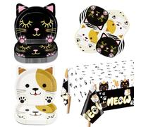 XJLANTTE 61 piezas de decoración de fiesta de cumpleaños de gato, platos de gato, servilletas, mantel para 20 invitados