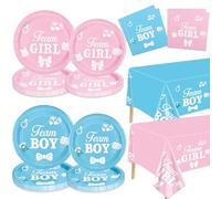 XJLANTTE Decoraciones de revelación de género: incluye platos de revelación de género, servilletas, mantel de equipo de niño y niña para baby shower, género (juego de revelación de género-20)