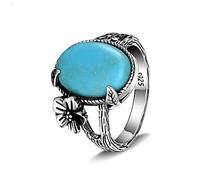 XJruixi Anillo de Turquesa Natural de 10x14mm, Anillos de Plata de Ley 925 para Mujer, Anillo de Dedo de Flor de Sol de Hoja Vintage, Regalo de joyería Fina de Lujo