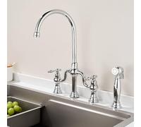 XJTNLB Grifo Cocina Fregadero Pulverizador con Cuello de Cisne Montado en la Cubierta de Doble Mango,Cromado