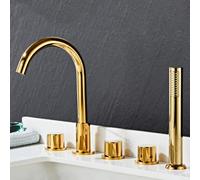 XJTNLB Grifo de Bañera 5 Agujeros Grifo Ducha para Borde de Bañera | Caño Alto Cuello de Cisne, Grifo Bimando con Ducha Extensible y Caño Giratorio 360° Conexión G 1/2", Dorado