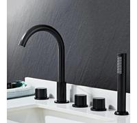 XJTNLB Grifo de Bañera 5 Agujeros Grifo Ducha para Borde de Bañera | Caño Alto Cuello de Cisne, Grifo Bimando con Ducha Extensible y Caño Giratorio 360° Conexión G 1/2", Negro Mate